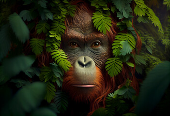 Poster - Beautiful abstract, Orangutan on autumn leaves background. Generative AI technology.