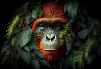 Wall Mural - Beautiful abstract, Orangutan on autumn leaves background. Generative AI technology.