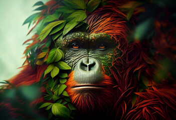 Poster - Beautiful abstract, Orangutan on autumn leaves background. Generative AI technology.