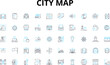 City map linear icons set. Navigation, Tourist, Streets, Districts, Landmarks, Transit, Tour vector symbols and line concept signs. Guide,Directions,Destination illustration