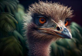 Poster - Beautiful abstract, Ostrich on autumn leaves background. Generative AI technology.