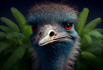 Poster - Beautiful abstract, Ostrich on autumn leaves background. Generative AI technology.