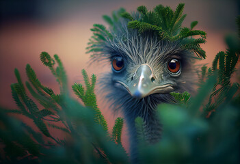 Poster - Beautiful abstract, Ostrich on autumn leaves background. Generative AI technology.