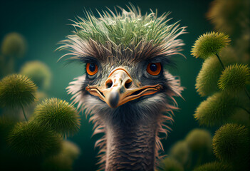 Poster - Beautiful abstract, Ostrich on autumn leaves background. Generative AI technology.