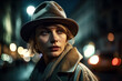 © alexkoral - female detective in hat and coat on city street at night in style of film noir. Generative AI