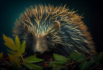 Poster - Beautiful abstract, North American Porcupine on autumn leaves background. Generative AI technology.