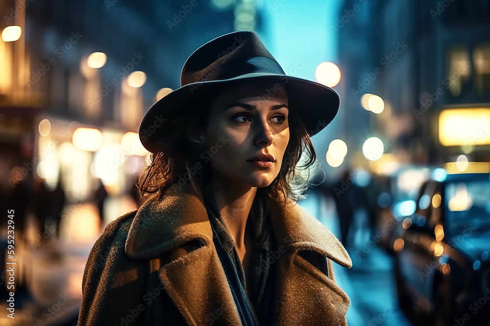 female detective in hat and coat on city street at night in style of ...