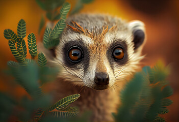 Poster - Beautiful abstract, Meerkat on autumn leaves background. Generative AI technology.
