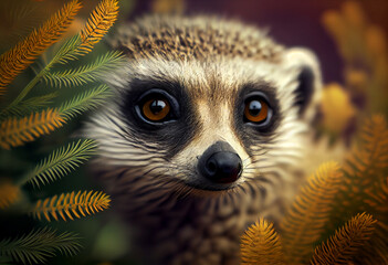 Poster - Beautiful abstract, Meerkat on autumn leaves background. Generative AI technology.