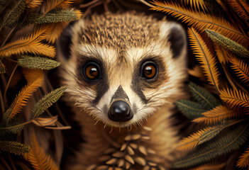 Poster - Beautiful abstract, Meerkat on autumn leaves background. Generative AI technology.
