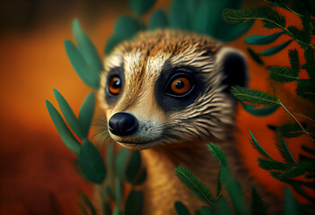 Poster - Beautiful abstract, Meerkat on autumn leaves background. Generative AI technology.