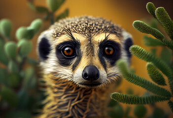 Poster - Beautiful abstract, Meerkat on autumn leaves background. Generative AI technology.