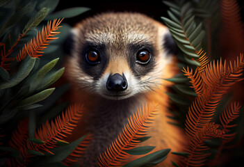 Poster - Beautiful abstract, Meerkat on autumn leaves background. Generative AI technology.