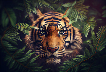 Poster - Beautiful abstract, Malayan Tiger on autumn leaves background. Generative AI technology.
