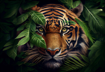 Poster - Beautiful abstract, Malayan Tiger on autumn leaves background. Generative AI technology.
