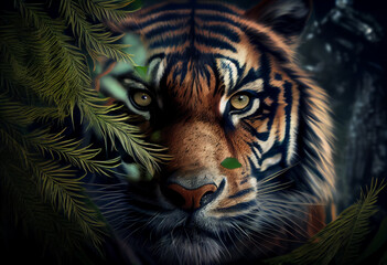 Poster - Beautiful abstract, Malayan Tiger on autumn leaves background. Generative AI technology.
