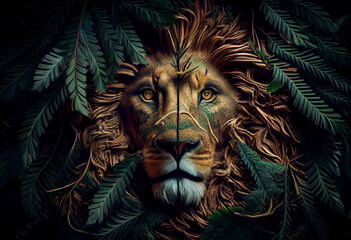 Poster - Beautiful abstract, Lion on autumn leaves background. Generative AI technology.
