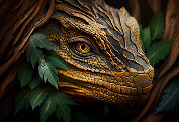 Aufkleber - Beautiful abstract, Komodo Dragon on autumn leaves background. Generative AI technology.
