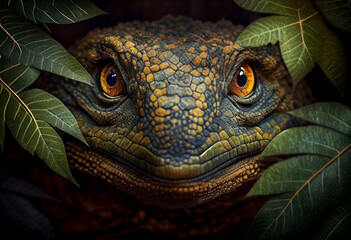 Aufkleber - Beautiful abstract, Komodo Dragon on autumn leaves background. Generative AI technology.
