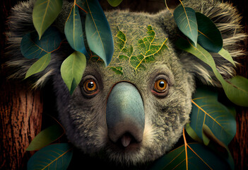 Poster - Beautiful abstract, Koala on autumn leaves background. Generative AI technology.
