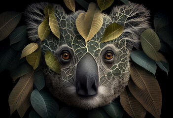 Poster - Beautiful abstract, Koala on autumn leaves background. Generative AI technology.
