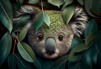 Poster - Beautiful abstract, Koala on autumn leaves background. Generative AI technology.
