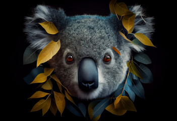 Poster - Beautiful abstract, Koala on autumn leaves background. Generative AI technology.
