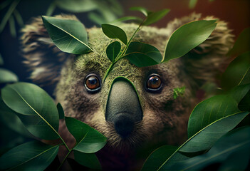Poster - Beautiful abstract, Koala on autumn leaves background. Generative AI technology.
