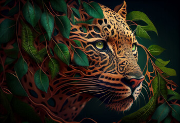 Poster - Beautiful abstract, Jaguar on autumn leaves background. Generative AI technology.
