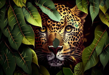 Poster - Beautiful abstract, Jaguar on autumn leaves background. Generative AI technology.
