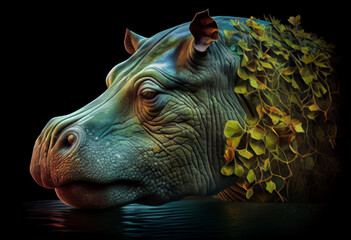 Poster - Beautiful abstract, Hippopotamus on autumn leaves background. Generative AI technology.
