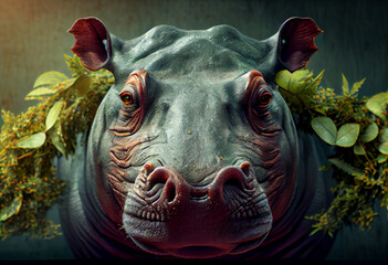 Poster - Beautiful abstract, Hippopotamus on autumn leaves background. Generative AI technology.
