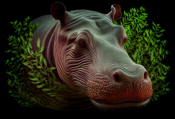 Poster - Beautiful abstract, Hippopotamus on autumn leaves background. Generative AI technology.

