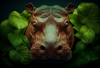 Poster - Beautiful abstract, Hippopotamus on autumn leaves background. Generative AI technology.
