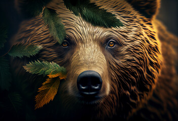 Poster - Beautiful abstract, Grizzly Bear on autumn leaves background. Generative AI technology.
