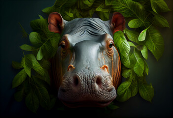 Poster - Beautiful abstract, Hippopotamus on autumn leaves background. Generative AI technology.
