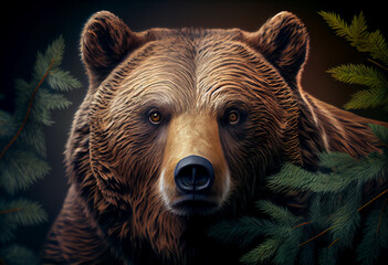 Poster - Beautiful abstract, Grizzly Bear on autumn leaves background. Generative AI technology.
