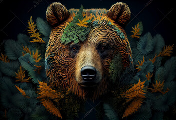 Poster - Beautiful abstract, Grizzly Bear on autumn leaves background. Generative AI technology.
