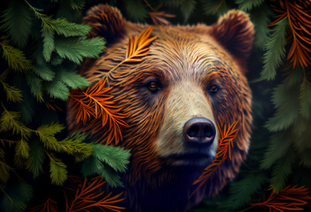 Poster - Beautiful abstract, Grizzly Bear on autumn leaves background. Generative AI technology.
