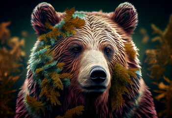 Wall Mural - Beautiful abstract, Grizzly Bear on autumn leaves background. Generative AI technology.
