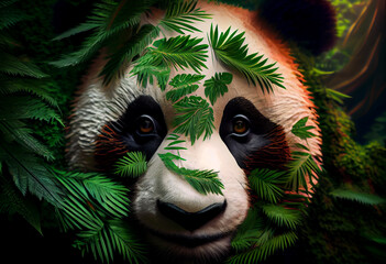 Poster - Beautiful abstract, Giant Panda on autumn leaves background. Generative AI technology.
