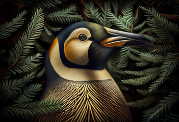 Poster - Beautiful abstract, Emperor Penguin on autumn leaves background. Generative AI technology.
