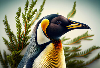Poster - Beautiful abstract, Emperor Penguin on autumn leaves background. Generative AI technology.
