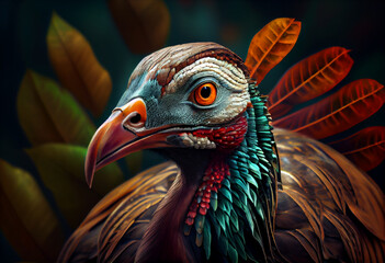 Aufkleber - Beautiful abstract, Eastern Wild Turkey on autumn leaves background. Generative AI technology.
