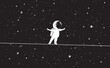 Cute astronaut walks on a tighrope in space