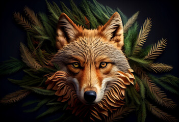 Fototapete - Beautiful abstract, Coyote on autumn leaves background. Generative AI technology.
