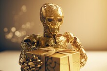 Adorable Robot Wearing Gold Lace Jumpsuit Holds Gift Box At A Cartoon Masquerade Party, With Intricate Stylized Anatomy & High-quality Digital Art. Generative AI