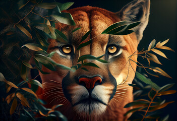 Poster - Beautiful abstract, Cougar on autumn leaves background. Generative AI technology.
