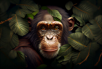 Poster - Beautiful abstract, Common Chimpanzee on autumn leaves background. Generative AI technology.
