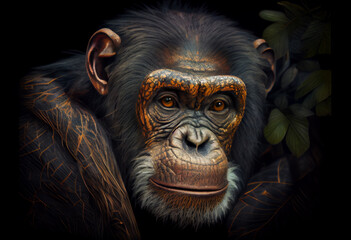 Poster - Beautiful abstract, Common Chimpanzee on autumn leaves background. Generative AI technology.

